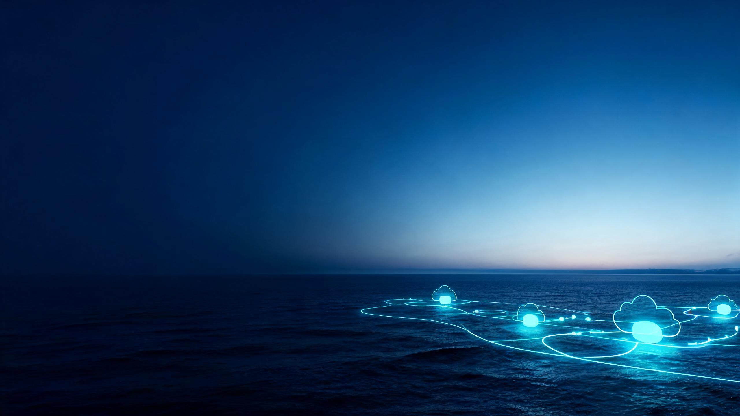 Abstract cloud network with redundant nodes and Atlantic-inspired lines